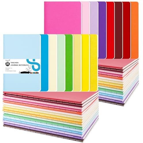Koogel 32 Stück Klein Liniert Notizbücher, Notizblock Klein 960 Blatt/1920 Seiten 13 x 9cm Notizbücher mit Kraftpapier-Einband für Schule, Büro, Reisen, Zeichnen, Back to School Geschenk 16 Farben