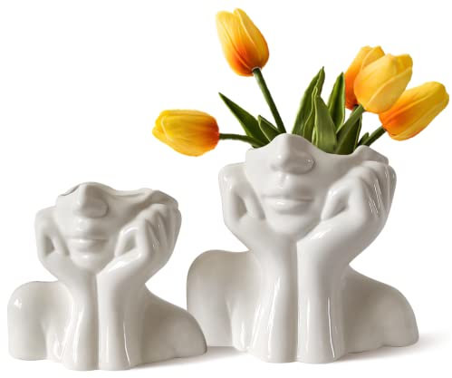 kogxscej Aesthetic Vase -Weiße Keramik Vasen Satz von 2 für Decoration Aesthetic Flowers,Cute Head Vasen Weißer Keramik körper Vasen for Office Dining Table Room Decoration Aesthetic Vasen