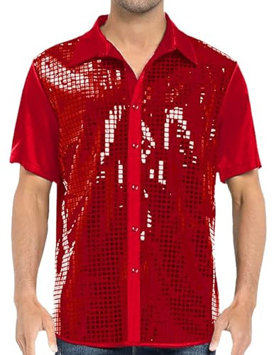 Pailletten Hemd Herren Retro Pailletten Hemd Glitzer Hemd 70er 80er Jahre Outfit Glitzerhemd Kurzarm Mode Party Hemd Hippie Lustig Hemd Herren Pailletten Kleid Shirt 70er Disco Party Kustüm (Red, M)