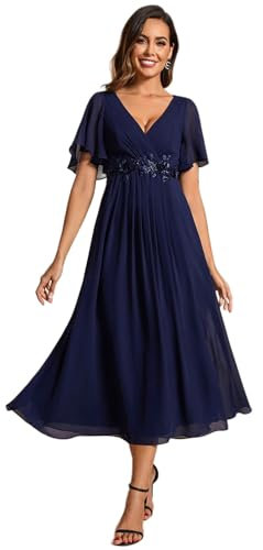 Ever-Pretty Robe de Demoiselle d'honneur A Line Col V à Volants Élégante Fluide Classique Bleu Marine 36