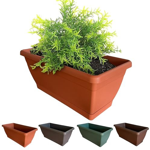 BROWN&GREEN Jardinera Exterior Grande con Plato - 40x19x18 cm - Marrón - Rectangular - Plástico - Floreira