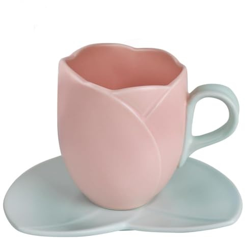 FülleMore 3D Tulpen Kaffeetasse mit Untertasse niedliche Blumenform Tasse 300ml Teetasse Cappuccinotasse Kakaobecher Keramiktasse für Kalt- und Heißgetränke,Frauen,Freundin,Mädchen (Rosa)