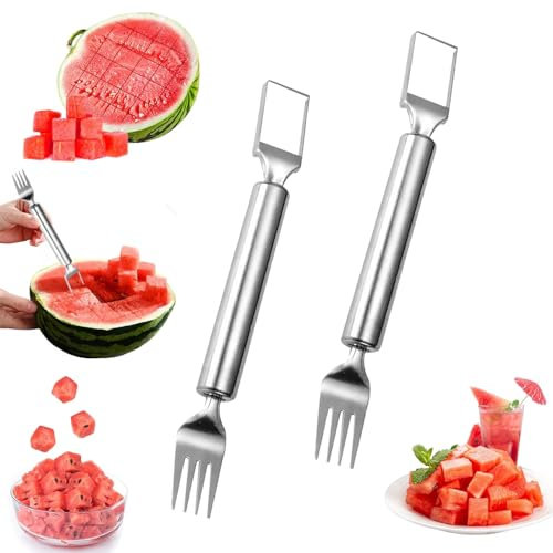 2 Piezas Tenedor Cortador de Sandía, Cortador de frutas 2 en 1 de acero inoxidable, Tenedor de Corte de Frutas, Tenedor Para Cortar Sandia en Cuadritos, Herramienta de Corte de Cubo de Melón