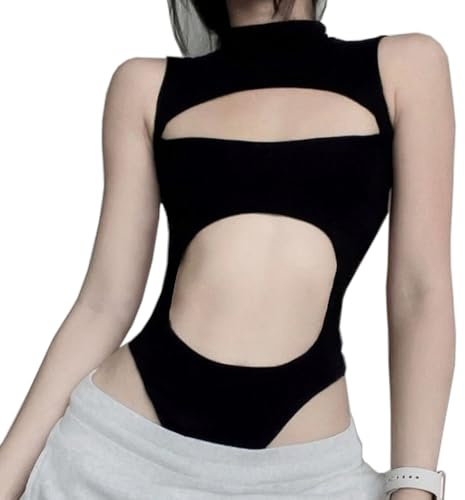 SINROYEE Sexig Ihålig Kvinnor Bodysuit Sommar Gatwear Outfit Gotisk Jumpsuit T-shirt Kortärmad Ärmlös
