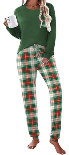 Ekouaer Pyjama Femme Hiver Vêtements De Nuit Carreaux Chaud Pyjama 2 Pièces Manches Longues Survêtement Col Rond, Vert à Carreaux, L