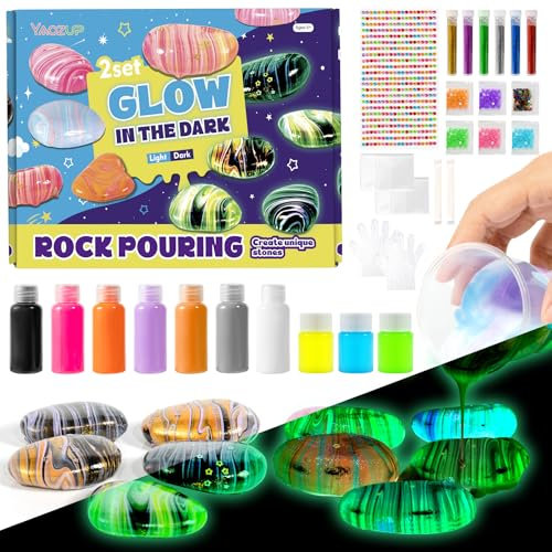 YAOZUP 2 en 1 Kit de Peinture Pouring sur Pierre Lumineuse pour Enfants, 10 Pièces de Pierres à Peindre avec 10 Couleurs et Autocollants, Rock Painting, Activites Manuelles pour Enfants 4-12 ans
