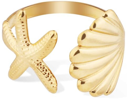 Mikovivi Seestern Muschelring, Goldener Seesternring Edelstahl Muschelring Verstellbar Künstlerisch Seesternschmuck für Sommer Strand Frauen Alltag Geschenk