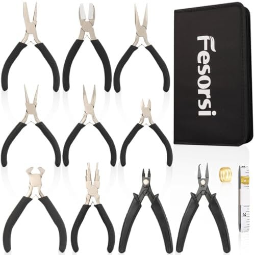 Fesorsi 10 Pack Jewelry Pliers Set of Needle Nose, Round Nose, Bent Nose, Bail Making, Nylon Jaw, Crimping, End Nippers, Split Ring, Wire Looping and Wire Cutters for Jewelry Making Repair DIY Wrap