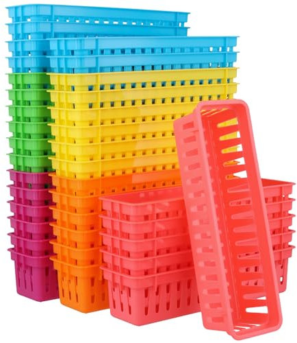 HONYUET 36 PCS 25.5 x 7.5 x 6 cm Coloured Plastic Pencil Organiser Basket, Small Stationery Storage Baskets for Paper, Desk, 6 Color