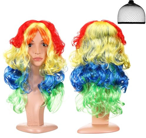 Xinnun 2er-Packung Regenbogen Haar Perücke Lang Cosplay Gelockt Langhaarperücke mit Perückenhaarnetz für Damen und Herren Locken Perücke für Kostümpartys Karneval Halloween(Farbe)