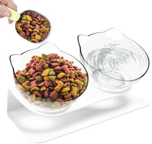 KUVIAS Cat Bowl (350ml) - 15° Tilted Elevated Cat Dish Bowl Feeder - Transparent Raised Slanted Cat Feeding Bowl - Skid Resistant Non Spill Cat Water Dishes Kitten Food Bowl Stand (Double)