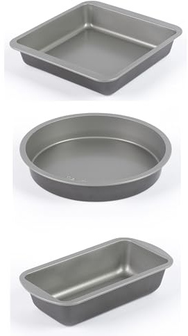 Salter Essentials 3-Piece Ovenware Set – Round Cake Tin, Square Baking Tin and Loaf Tin, Non-Stick Coating, Dishwasher Safe, Durable Carbon Steel, Lightweight, Made in The UK, PFOA-Free