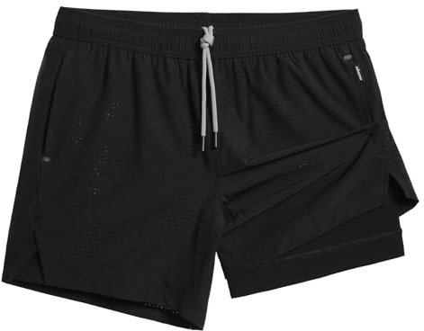 MaaMgic 2 in 1 Laufhose Herren Kurz mit Handytasche Schnell Trocknend 5 Laufshorts mit Innenhose 4 Way Stretch Gym Shorts Sporthose für Running Fitness Workout Athletic,Schwarz Schwarz,L