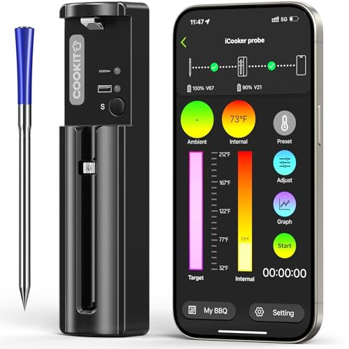 800FT Smart Wireless Meat Thermometer with 5.5mm Ultra-Thin Probe, Bluetooth 5.3 Digital Food Thermometer for Grill Kitchen BBQ Smoker Oven (Blue)