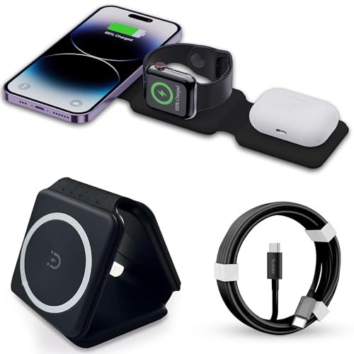 Mag-Safe Ladestation ANFIL® - Faltbare Kabelloses Apple Ladegerät 3-in-1, 15W - Folding Wireless Charger - Kompatibel mit iPhone 12-16 Serie, Apple Watch Ultra/8/7/6/5/4/3/2 und AirPods (Schwarz)