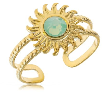 Made by Nami Ring Damen Gold mit Sonne und türkisem Stein aus Chirurgischem Edelstahl Verstellbarer Ring mit Stein Boho Schmuck Damen Wasserfester Schmuck