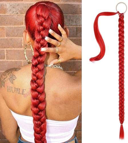 JAONLD Ponytail Extension mit Gummiband 80 cm, Simuliertes Geflochtener Zopf haarteil, Haarverlängerung Zopf, Natürliche Weichheit, für Haarverlängerungen und Flechten von Pferdeschwänzen (Wein rot)