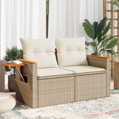 Homgoday Gartensofa mit Kissen 2-Sitzer Gartenmöbel Loungesofa Gartenlounge Balkonsofa Lounge Sofa Terrassensofa Sitzgruppe Beige und Weiß Poly Rattan