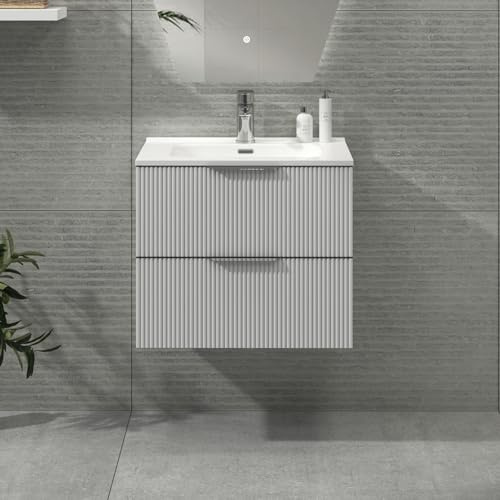 Royal Bathrooms Evora 700mm Satin White Fluted Wall Hung Bathroom Vanity Unit 2 Drawer with Ceramic Basin & Chrome Handle