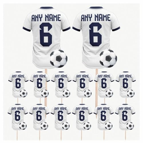 Personalised Football Shirt Toppers, Food Picks, Soccer Jersey Cupcake, Party Decorations, 14 Pack (WHITE BLUE TRIM)