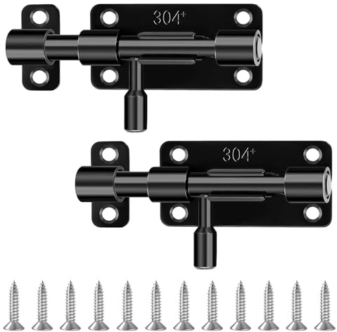 UICCVOKK 2 Stück Türriegel Riegelschloss Schwarz Edelstahl Schiebeschloss, Schlossriegel, Bolzenriegel, Riegelschloss mit 12 Schrauben Geeignet für Haus Hof Gartentor Zaun Lagerhaus