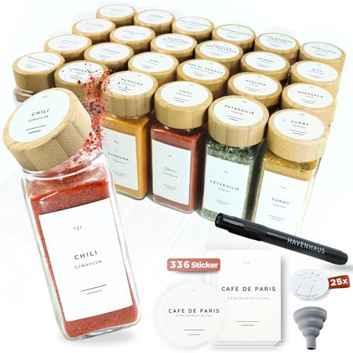Havenhaus Gewürzgläser Set | 24x hochwertige eckige Gewürzgläser [120ml] mit Streueinsätzen & 336 deutschen Gewürzetiketten | Gewürz Organizer für Küche