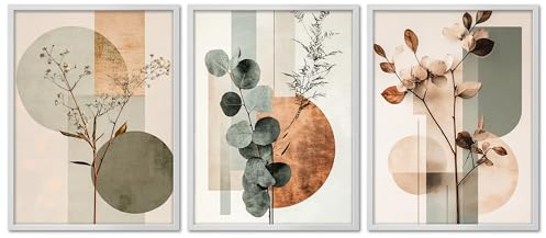 ARTFAVES® Poster Set - Abstract Flower Art 2 - mehrteilige Wanddeko Wohnzimmer, Schlafzimmer, Büro, Flur - 3 moderne Wandbilder Trockenblumen, Blumen, Pflanzen - mit Rahmen Weiss