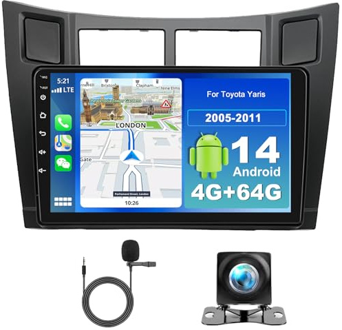 4G+64G Android 14 Autoradio per Toyota Yaris 2005-2011 con Wireless CarPlay Android Auto 9 Pollici Touch Screen Radio con GPS WiFi Bluetooth FM SWC Microfono+Telecamera di retromarcia