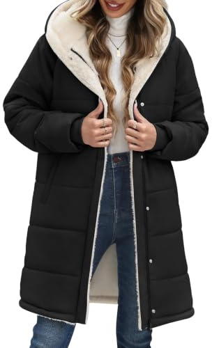 Vancavoo Manteau d’Hiver Femme Mi-Long Matelassé à Capuche Décontracté | Déperlant Parka avec Doublure Polaire Chaude, Capuche Fixe, Zip et Boutons-Pression, 2 Poches Latérales
