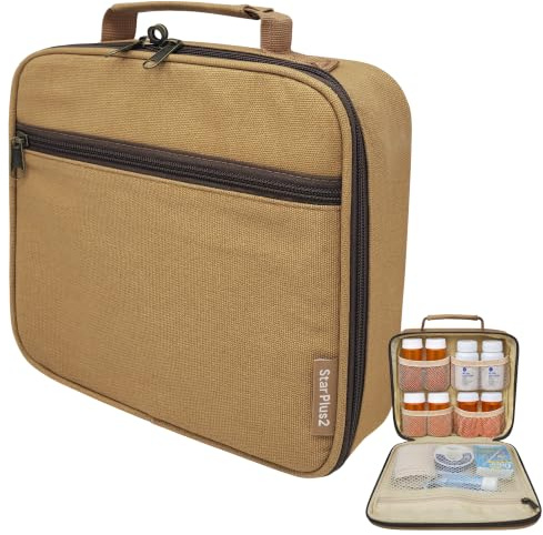 StarPlus2 Medium Pill Bottle Organizer, Medicine Bag, Case, Carrier for Medications, Vitamins, and Medical Supplies - Travel Medicine Organizer Home Storage Med Bag - Khaki Canvas (No Lock)