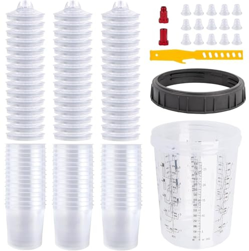 Gobelet de Mélange de Peinture pour Pistolet a Peinture, 50 Pièces Godets à Peinture Jetables pour Pistolet à Peinture avec 2 Raccords Alu Filetage Mâle/Femelle + 1 Bâton de Mélange (800ML)