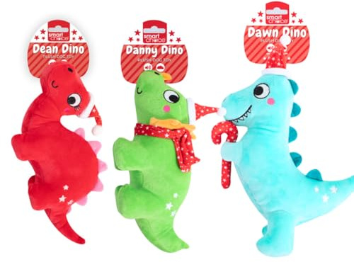 YöL Set of 3 Red Blue Green Dinosaur Christmas Themed Plush Dog Toy - Festive Pet Puppy Interactive Stimulating Play Time Contains Internal Squeaker Fetch Chew Cuddly Companion