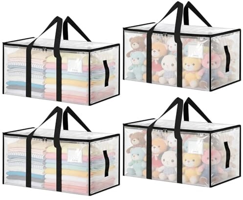 Aufbewahrungstasche 4 Stücke Umzugstaschen, 88L Aufbewahrungstasche Groß Transparente, Aufbewahrung Kleidung mit Reißverschluss und Griff für Umzug Camping Bettwäsche Kleidung Aufbewahrung