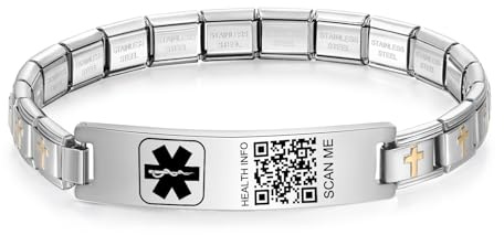 Theluckytag Verbesserte medizinische Armbänder mit QR-Code für Damen und Herren, medizinisches Notfall-ID-Armband – Sterling-Silber, kleiner Code 17,8 - 22,9 cm – mehr Platz, individuelle