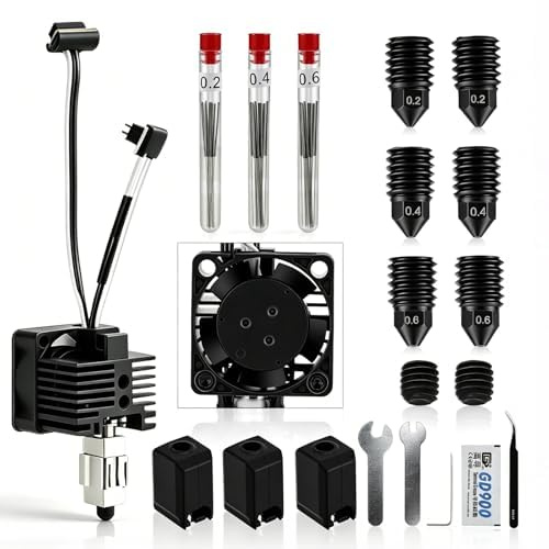 Vollmetall Hotend Komplett Set Kompatibel mit Bambu Lab P1P P1S, 40 Teile Hochtemperatur bis 550°C, Düsen aus gehärtetem Stahl 0,2/0,4/0,6 mm,Lüfter,Silikonsocke & Thermistor,Ersatzteil für 3D Drucker