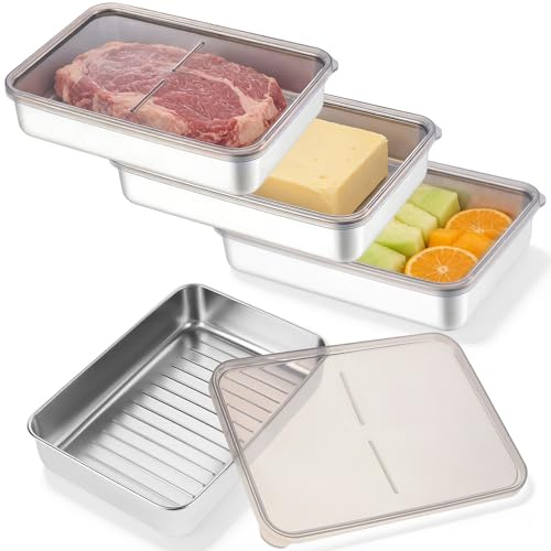 4 Piezas Recipiente Almacenamiento Carne con Tapa, Organizador Nevera Recipientes Alimentos Acero Inoxidable, Tupper Cajas Fiambres Crisper Frigorífico Porta Embutidos para Almacenaje Quesera, Fiambre