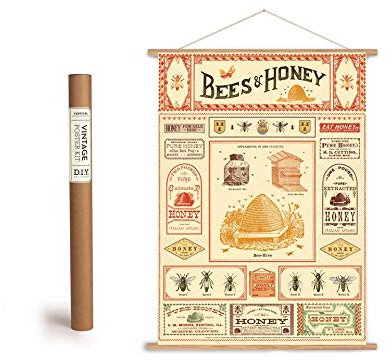 Cavallini Vintage Poster Set mit Holzleisten (Rahmen) und Schnur zum Aufhängen, Motiv Bienen, Honig