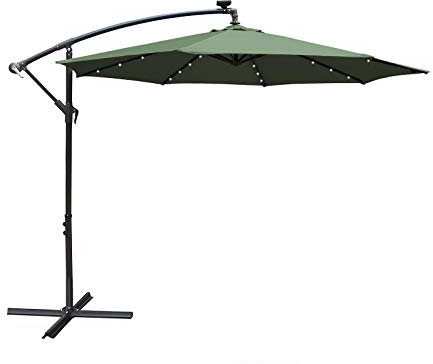 AIRWAVE 3m Cantilever Garden Parasol with Solar-Powered LED Lights | Banana Patio Umbrella with Crank Handle & Tilt, Sun Shade with Protection UPF 30+ | Dark Green