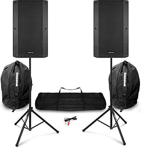 VONYX VSA150S 15-Inch Active/Passive PA Speaker Package with Stands & Bags - 1000W Bluetooth Stereo System for DJs, Live Music Events & Parties