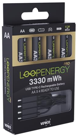 VERICO LoopEnergy Pro AA 3330 Wiederaufladbare USB-C Batterie AA 1,5V 3330mWh (2220mAh) Li-Ion Akku, Schnellladung via USB-C Anschluss in ca. 2 Stunden, 4er Pack AA, 1 Kabel USB -A auf 4 x USB-C