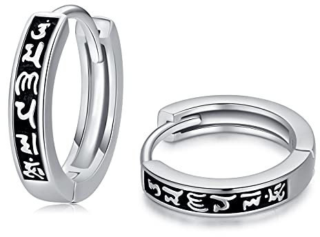 TANGPOET Buddhistischer Creolen Ohrringe 925 Sterling Silber Schwarz Herren Ohrringe Buddhistisches tibetisches Mantra Om Mani Padme Hum Schläfer Ohrring für Männer Frauen Jungen