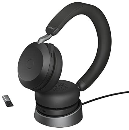 Jabra Evolve2 75 Wireless PC Headset mit Ladedock, 8-Mikro-Technologie - Dual-Foam-Stereo-Kopfhörer mit moderner aktiver Geräuschunterdrückung, USB-A Bluetooth-Adapter und UC-Kompatibilität - Schwarz