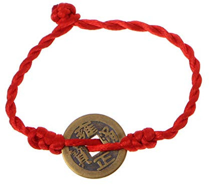 PHILSP Bracelet chaîne chinoise Feng Shui porte-bonheur en cuivre avec pendentif en forme de pièces de monnaie Rouge