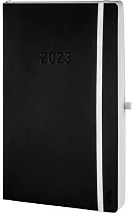 Chronoplan 50943 Buchkalender Kalendarium 2023, im A5 Format (135x210 mm) und mit Softcover, Tagesplaner (1 Tag auf 1 Seite, mit flexibler Stiftschlaufe, Einmerkband und Gummiverschluss), schwarz