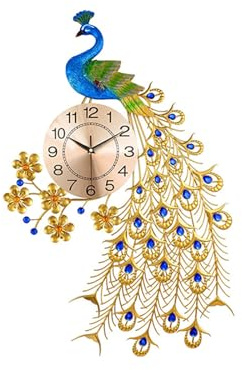 FMTAD Große Pfauen-Wanduhr, Nicht tickend, leise, 3D-Luxus, dekorative Pfauen-Wanduhr, Mitte des Jahrhunderts, große Pfauenuhren für Wohnzimmer, Esszimmer, Schlafzimmer, Dekoration