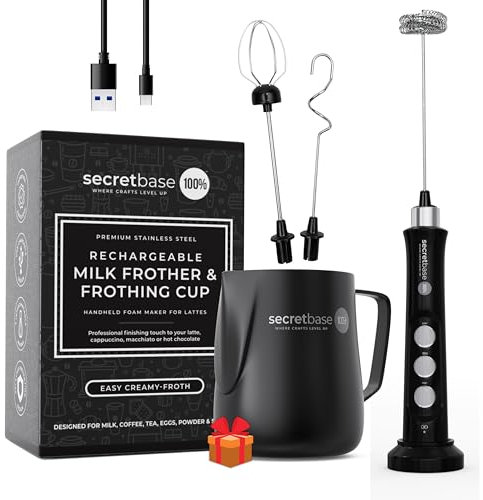Secretbase Rechargeable Frother Mixer, Black Pitcher and Charging Base - 3 Speed Electric Milk Frother Handheld - Includes Cup, Frother for Coffee, Tiny Egg Beater, Electric Stirrer(Black Edition)