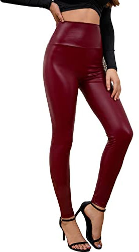 Everbellus Sexy Damen Faux PU Leder Leggins Hohe Taille Hüfthoch Strumpfhose Hose Rot X-Large