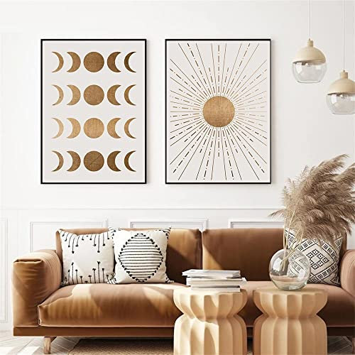 OTURRI Abstrakte geometrische Linie Wand Bilder Sonne und Mond Szene Poster Kunstdrucke Boho Leinwand Gemälde Bilder Wohnzimmer Inneneinrichtung Wohnkultur 50 x 70 cm x 2 ungerahmt