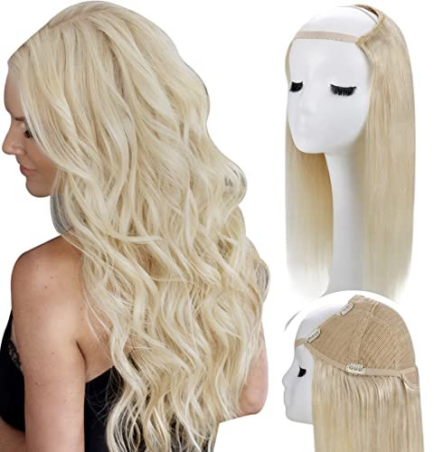 RUNATURE U Perücke Echthaar Lang 50cm 20 Zoll Farbe 60 Platinblond U Part Wig Human Hair 150 Dichte U Perücke Blond
