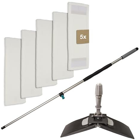 G.I.V. - Reinigungstechnik Bodenwischer Set Teleskopstiel 96-180cm mit gummiertem Handgriff + Klapphalter & 5X Microfasermopp Bezug 40cm - Wischbezug Mikrofaser Bodenreinigung - Wischmopp mit Stiel